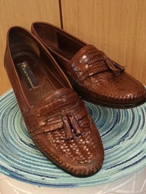 Stacy Adams SZ 9.5M Brown Woven Leather Tassel Slip-Ons Made In Brazil